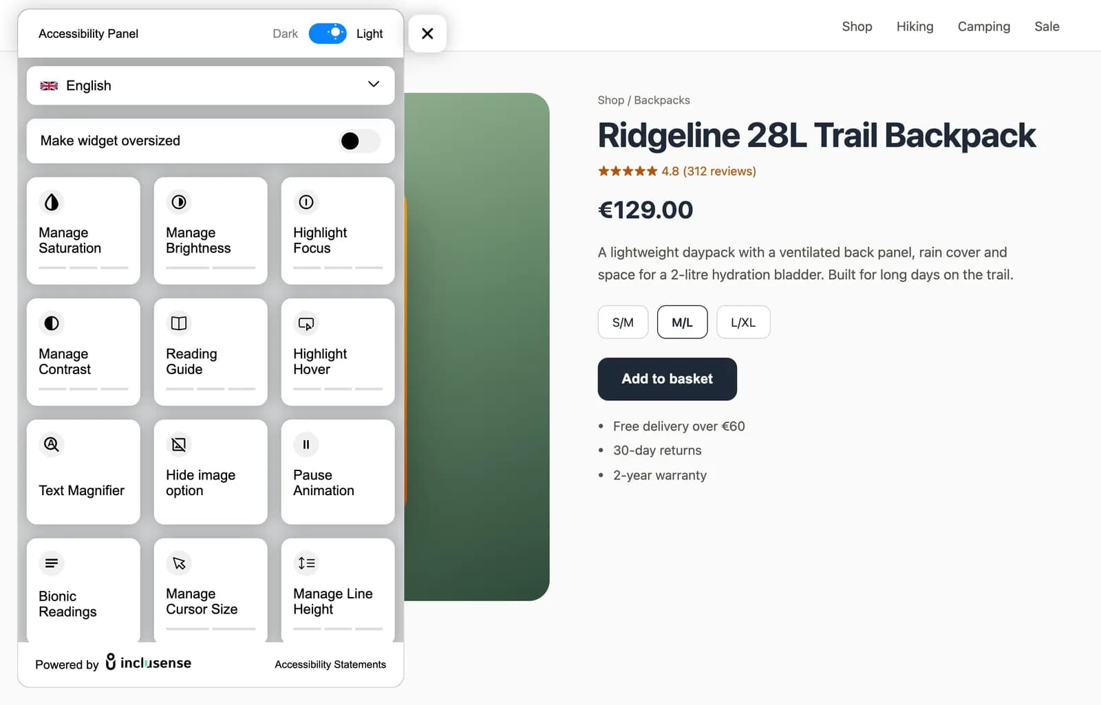 Inclusense accessibility widget panel open on an online shop product page, showing tools such as contrast, reading guide, text magnifier and font size