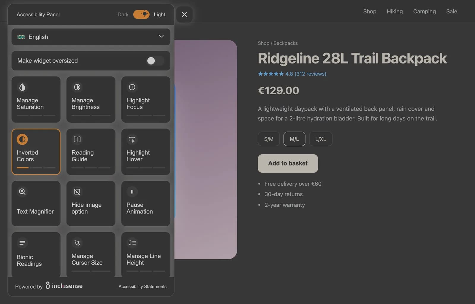 The same product page after a visitor turns on inverted colours in the Inclusense accessibility widget